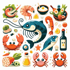 seafood, fish, food, illustration, vector, restaurant, menu, sea, dinner, vintage, fresh, sketch, ocean, design, retro, meal, lunch, background, ink, shrimp, drawing, market, graphic, lobster, marine,