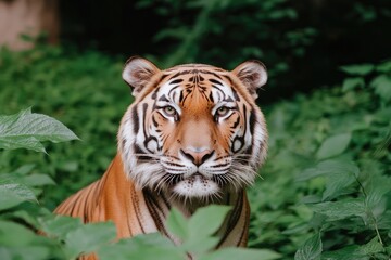 Obraz premium Majestic tiger gazes intently from lush greenery, showcasing str