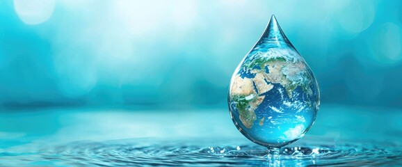 A transparent water droplet encapsulating Earth, representing global water conservation and sustainability. Ideal for World Water Day, environmental awareness, and climate initiatives