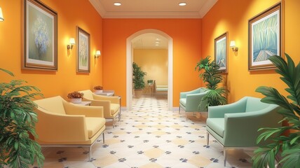 Senior citizen healthcare services flat design front view wellness center theme 3D render complementary color scheme