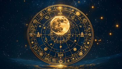 Celestial wheel with zodiac symbols and full moon in a starry night sky. Mystical and cosmic art