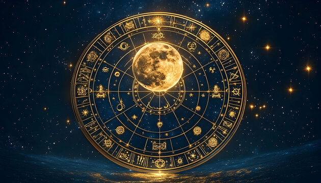 Celestial wheel with zodiac symbols and full moon in a starry night sky.  Mystical and cosmic art