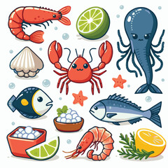 seafood, fish, food, illustration, vector, restaurant, menu, sea, dinner, vintage, fresh, sketch, ocean, design, retro, meal, lunch, background, ink, shrimp, drawing, market, graphic, lobster, marine,