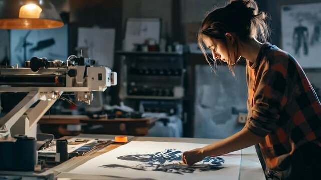 A young female artist carefully working on a printmaking project in a creative studio. The dimly lit workshop, filled with artistic tools and equipment, enhances the focused and passionate atmosphere 