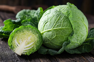 Fototapeta premium Two heads of cabbage side by side in a rustic wooden crate at a farmer's market. Green leaves with dew drops, showcasing freshness and organic produce.