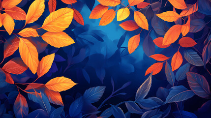 Radiant orange leaves glow in ethereal blue twilight. Twilight Luster. Illustration