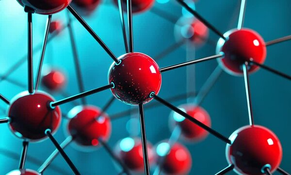 Close-up view of interconnected red molecules on a blue background