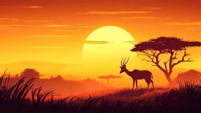 Silhouettes of a springbok antelope at golden sunset. Twilight Luster. Illustration