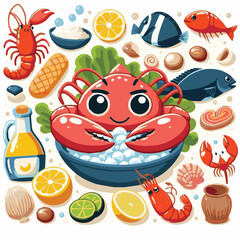seafood, fish, food, illustration, vector, restaurant, menu, sea, dinner, vintage, fresh, sketch, ocean, design, retro, meal, lunch, background, ink, shrimp, drawing, market, graphic, lobster, marine,