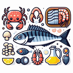 seafood, fish, food, illustration, vector, restaurant, menu, sea, dinner, vintage, fresh, sketch, ocean, design, retro, meal, lunch, background, ink, shrimp, drawing, market, graphic, lobster, marine,