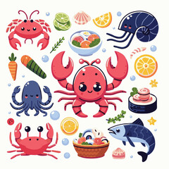 seafood, fish, food, illustration, vector, restaurant, menu, sea, dinner, vintage, fresh, sketch, ocean, design, retro, meal, lunch, background, ink, shrimp, drawing, market, graphic, lobster, marine,