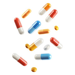 various colorful capsules and pills, potentially representing medicine or supplements in a visual display. transparent background, cut out, PNG 3D Digital Art.