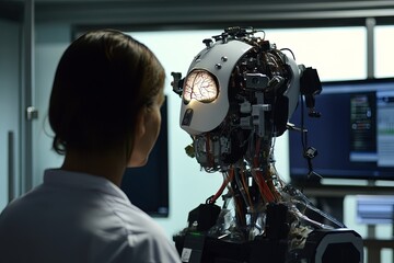 Obraz premium A scientist examines a humanoid robot's complex inner workings in a high-tech laboratory, showcasing innovation in robotics and artificial intelligence Generative AI