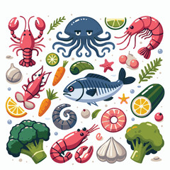 seafood, fish, food, illustration, vector, restaurant, menu, sea, dinner, vintage, fresh, sketch, ocean, design, retro, meal, lunch, background, ink, shrimp, drawing, market, graphic, lobster, marine,
