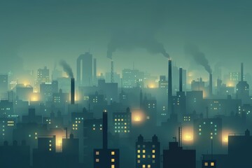 Fototapeta premium Foggy industrial cityscape with smoky atmosphere at night