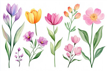 Watercolor, Set of Spring Flowers, cute illustration, clipart, simple, white background