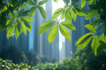 Obraz premium Green leaves in sunlight with water droplets and a small spider weaving a web.
