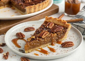 Indulge in a warm gooey pecan pie slice with caramel delight kitchen table food photography cozy atmosphere close-up delicious dessert experience