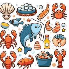 seafood, fish, food, illustration, vector, restaurant, menu, sea, dinner, vintage, fresh, sketch, ocean, design, retro, meal, lunch, background, ink, shrimp, drawing, market, graphic, lobster, marine,