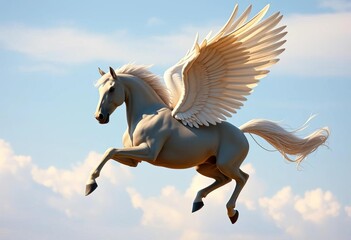 Fototapeta premium A majestic winged horse soars gracefully through a clear sky, embodying freedom and fantasy, clipart, magical