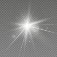Bright sun shines with warm rays, vector illustration Glow gold star  Flash of light, sun, twinkle.