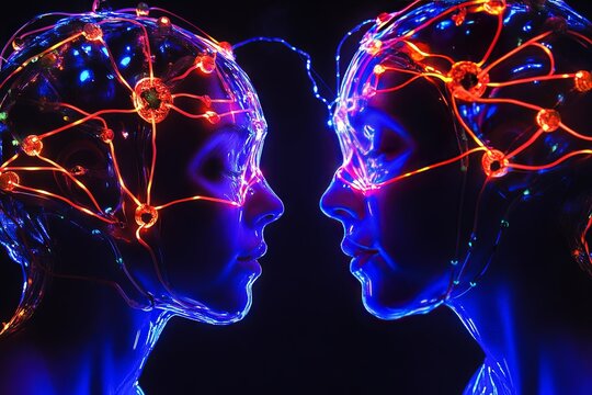Two glass figures face each other, adorned with intricate patterns of vibrant lights that create a striking visual effect in a dimly lit space Generative AI - Powered by Adobe