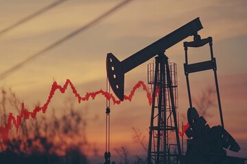 An oil pump jack operates in the foreground as the sun sets, while a stock market trend line overlays the image, illustrating energy price movements Generative AI