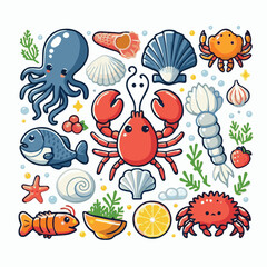 seafood, fish, food, illustration, vector, restaurant, menu, sea, dinner, vintage, fresh, sketch, ocean, design, retro, meal, lunch, background, ink, shrimp, drawing, market, graphic, lobster, marine,