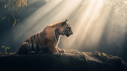 Majestic tiger resting on rock in sunlit jungle
