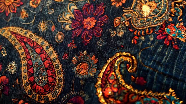 A close-up of a beautifully detailed paisley and floral pattern printed on denim fabric. The intricate golden, red, and orange designs contrast with the deep blue background, creating a rich 