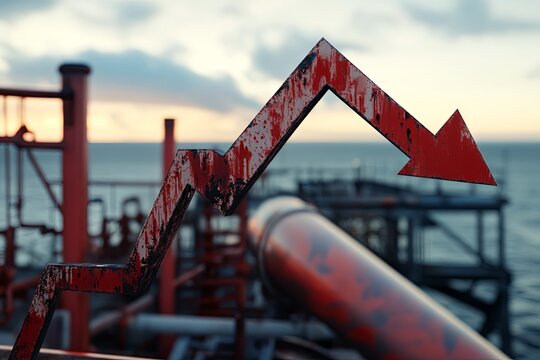 A rusted red graph with an upward trend stands prominently against the backdrop of an oil rig at sunset, highlighting economic themes Generative AI