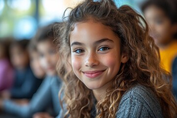 Fototapeta premium Smiling european girl with curly hair in the classroom