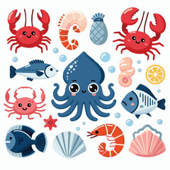 seafood, fish, food, illustration, vector, restaurant, menu, sea, dinner, vintage, fresh, sketch, ocean, design, retro, meal, lunch, background, ink, shrimp, drawing, market, graphic, lobster, marine,