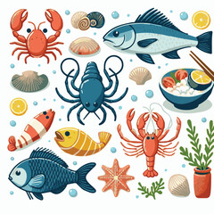 seafood, fish, food, illustration, vector, restaurant, menu, sea, dinner, vintage, fresh, sketch, ocean, design, retro, meal, lunch, background, ink, shrimp, drawing, market, graphic, lobster, marine,