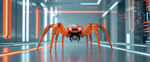 Futuristic Orange Spider Robot in a Technological Environment.