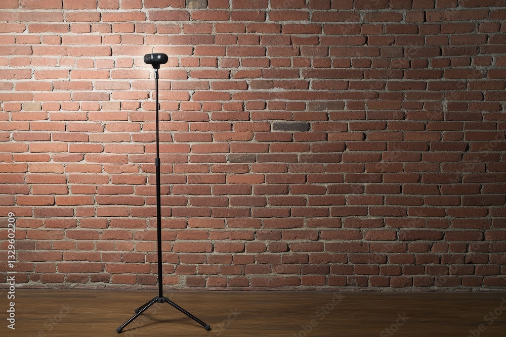 Poster a minimalist scene featuring a standing lamp against a textured brick wall, creating a warm atmosphe