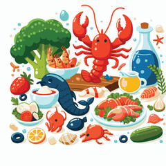 seafood, fish, food, illustration, vector, restaurant, menu, sea, dinner, vintage, fresh, sketch, ocean, design, retro, meal, lunch, background, ink, shrimp, drawing, market, graphic, lobster, marine,