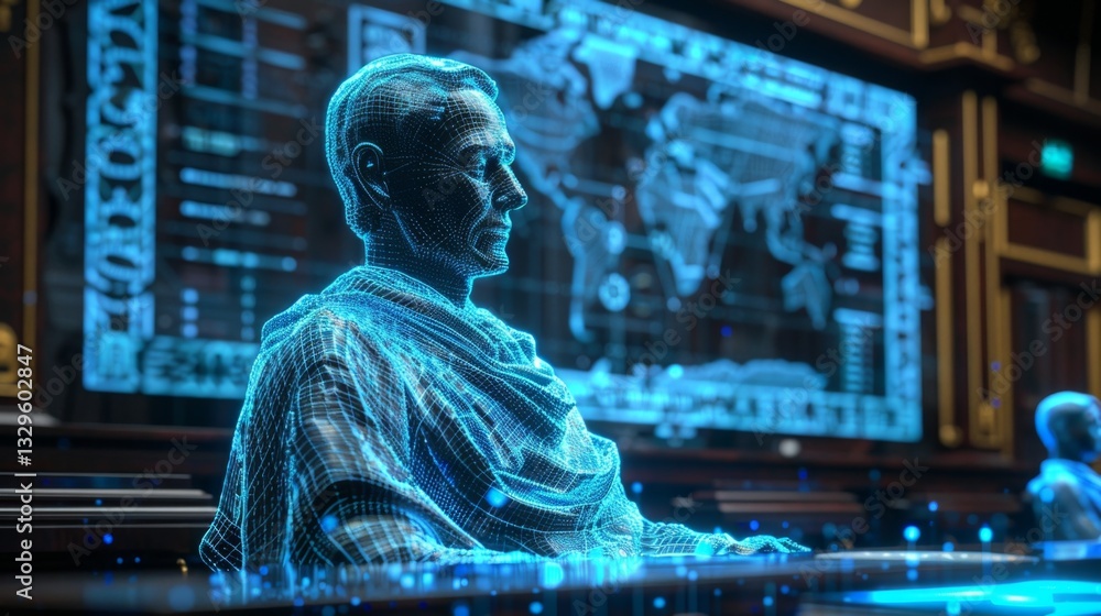 Poster virtual reality trial featuring a holographic judge in an augmented judiciary setting