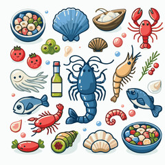 seafood, fish, food, illustration, vector, restaurant, menu, sea, dinner, vintage, fresh, sketch, ocean, design, retro, meal, lunch, background, ink, shrimp, drawing, market, graphic, lobster, marine,