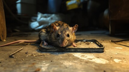 Close-up of a Small Brown Rodent on a Tray in a Dimly Lit Room