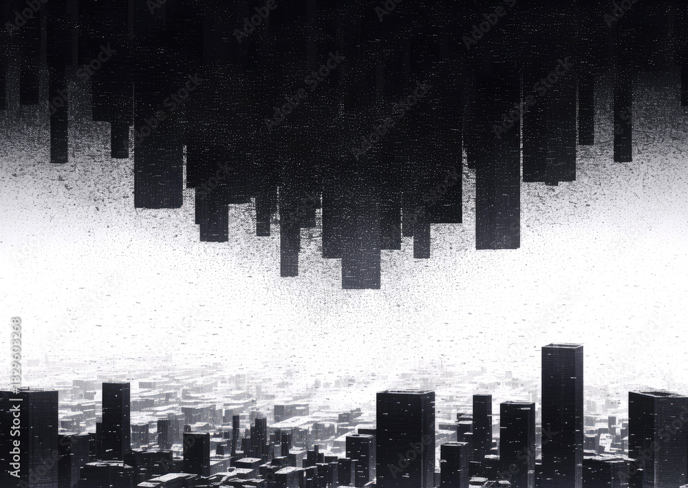 Poster upside-down cityscape: an abstract, high-contrast grayscale artwork of a cityscape with an inverted 
