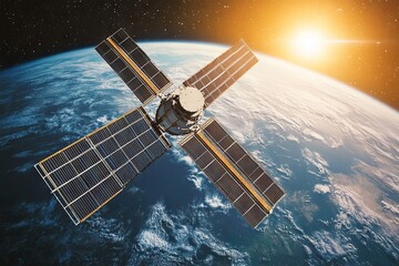 A satellite is seen in low Earth orbit, capturing sunlight on its solar panels while the sun rises over the blue planet below Generative AI