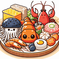 seafood, fish, food, illustration, vector, restaurant, menu, sea, dinner, vintage, fresh, sketch, ocean, design, retro, meal, lunch, background, ink, shrimp, drawing, market, graphic, lobster, marine,
