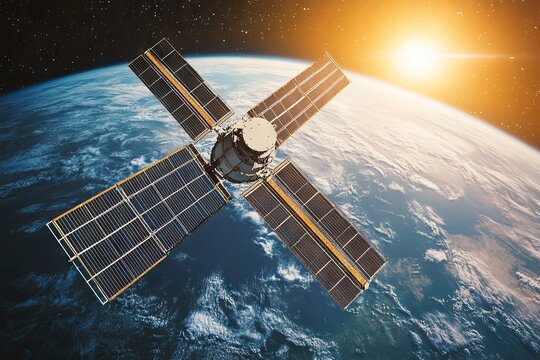 A satellite is seen in low Earth orbit, capturing sunlight on its solar panels while the sun rises over the blue planet below Generative AI