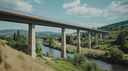 Obraz premium A stunning bridge arching over a river with a bright sky backdrop showcasing equivalence in design and modern engineering solutions.