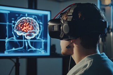 A person wearing a virtual reality headset interacts with a digital display showcasing brain activity in a high-tech research environment Generative AI