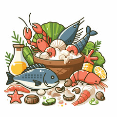 seafood, fish, food, illustration, vector, restaurant, menu, sea, dinner, vintage, fresh, sketch, ocean, design, retro, meal, lunch, background, ink, shrimp, drawing, market, graphic, lobster, marine,