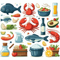 seafood, fish, food, illustration, vector, restaurant, menu, sea, dinner, vintage, fresh, sketch, ocean, design, retro, meal, lunch, background, ink, shrimp, drawing, market, graphic, lobster, marine,