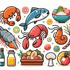 seafood, fish, food, illustration, vector, restaurant, menu, sea, dinner, vintage, fresh, sketch, ocean, design, retro, meal, lunch, background, ink, shrimp, drawing, market, graphic, lobster, marine,