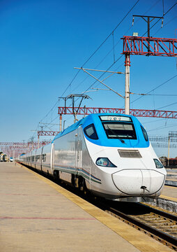 Afrosiyab high speed Bullet train at Bukhara Station in Uzbekistan